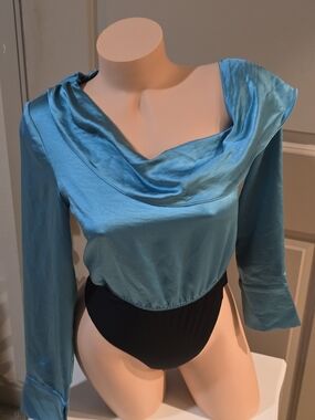 Free People Teal Satin Cowl Neck Long Sleeve Bodysuit